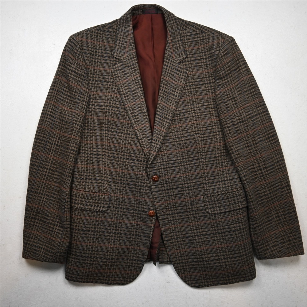 Vtg Mens 42R Brown Glenn Check Wool Tweed Mens Blazer Suit Jacket Sport Coat